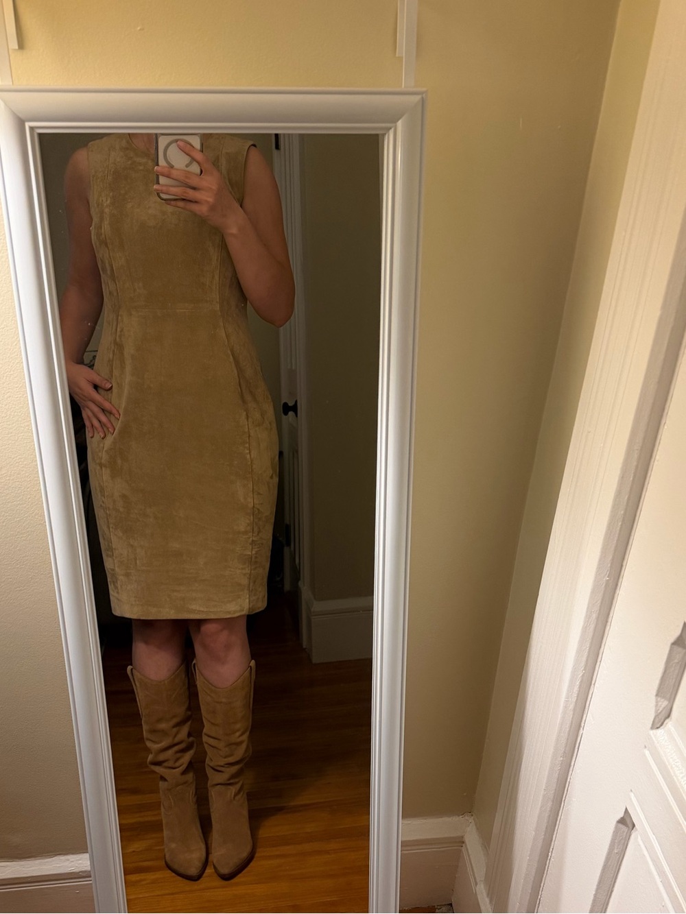 Calvin Klein Suede Mini Dress in Tan